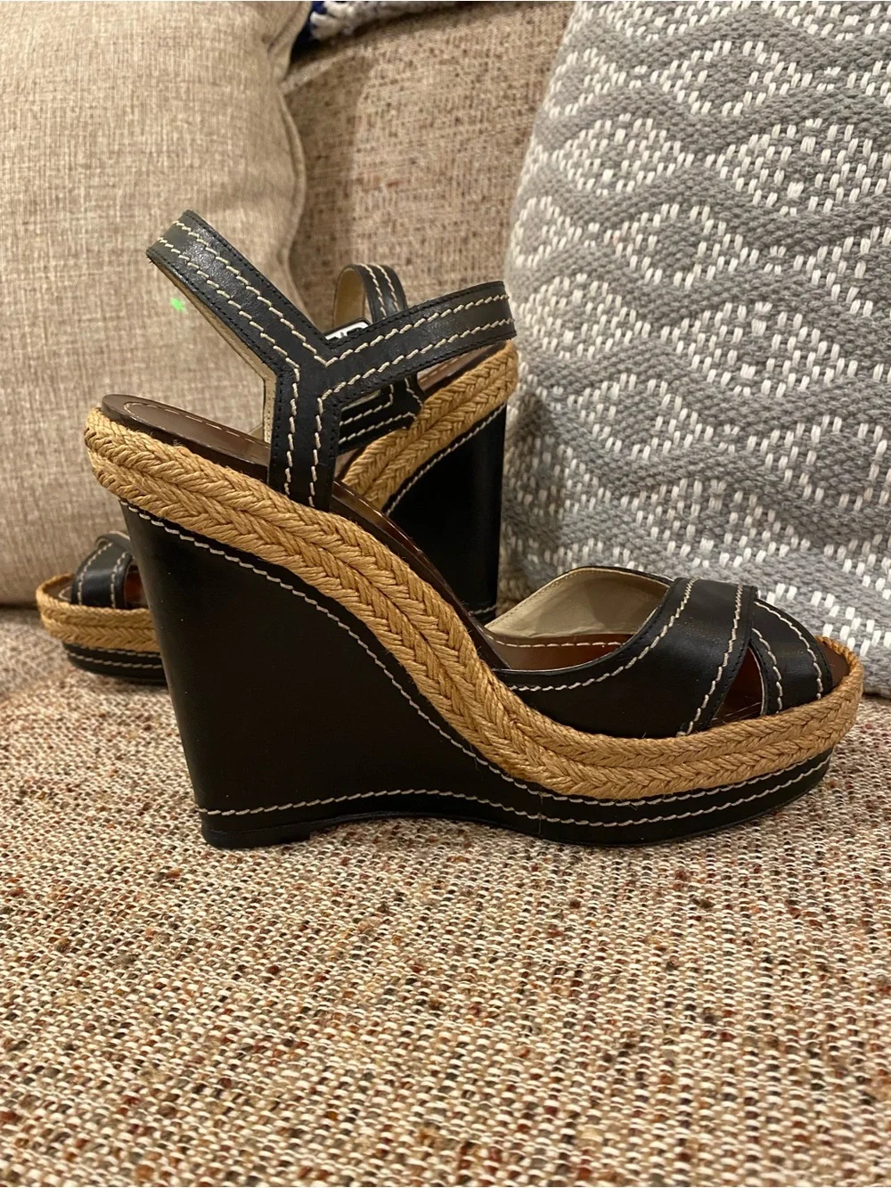 Christian Louboutin Black Leather Espadrille Platform Wedge Sandals